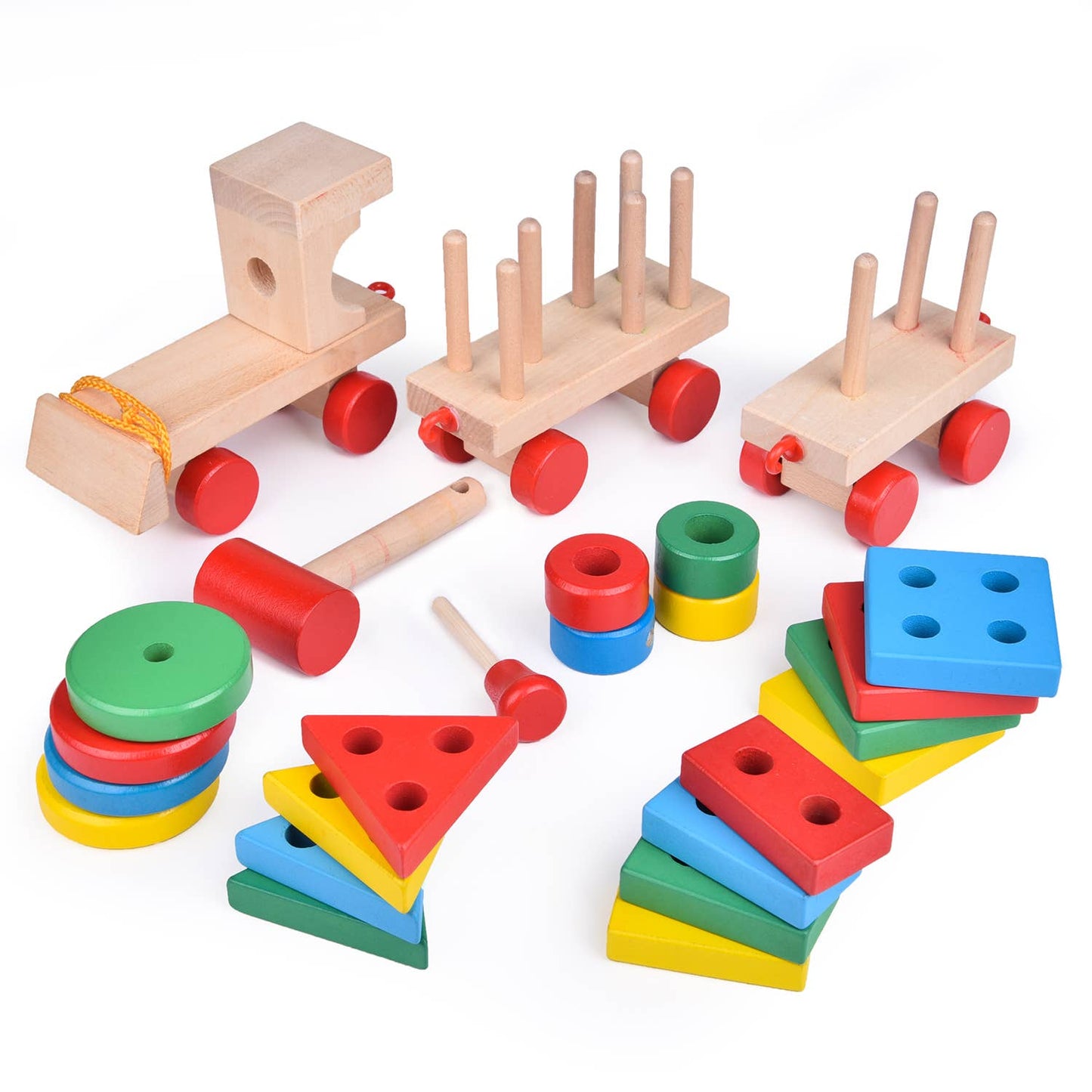 Fun Little Toys Wooden Train Shape Sorter and Stacking Toys