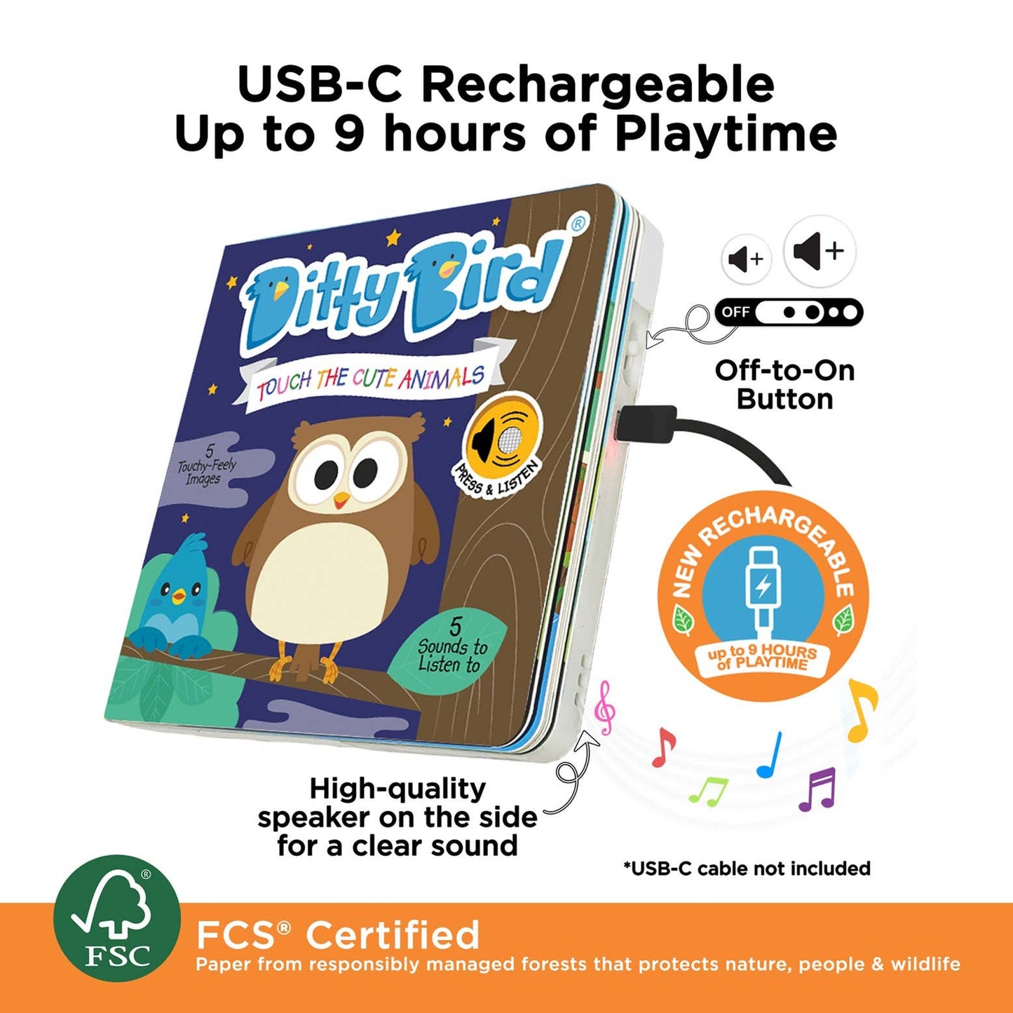 Ditty Bird First Sensory Book Montessori Cute Animals USB-C