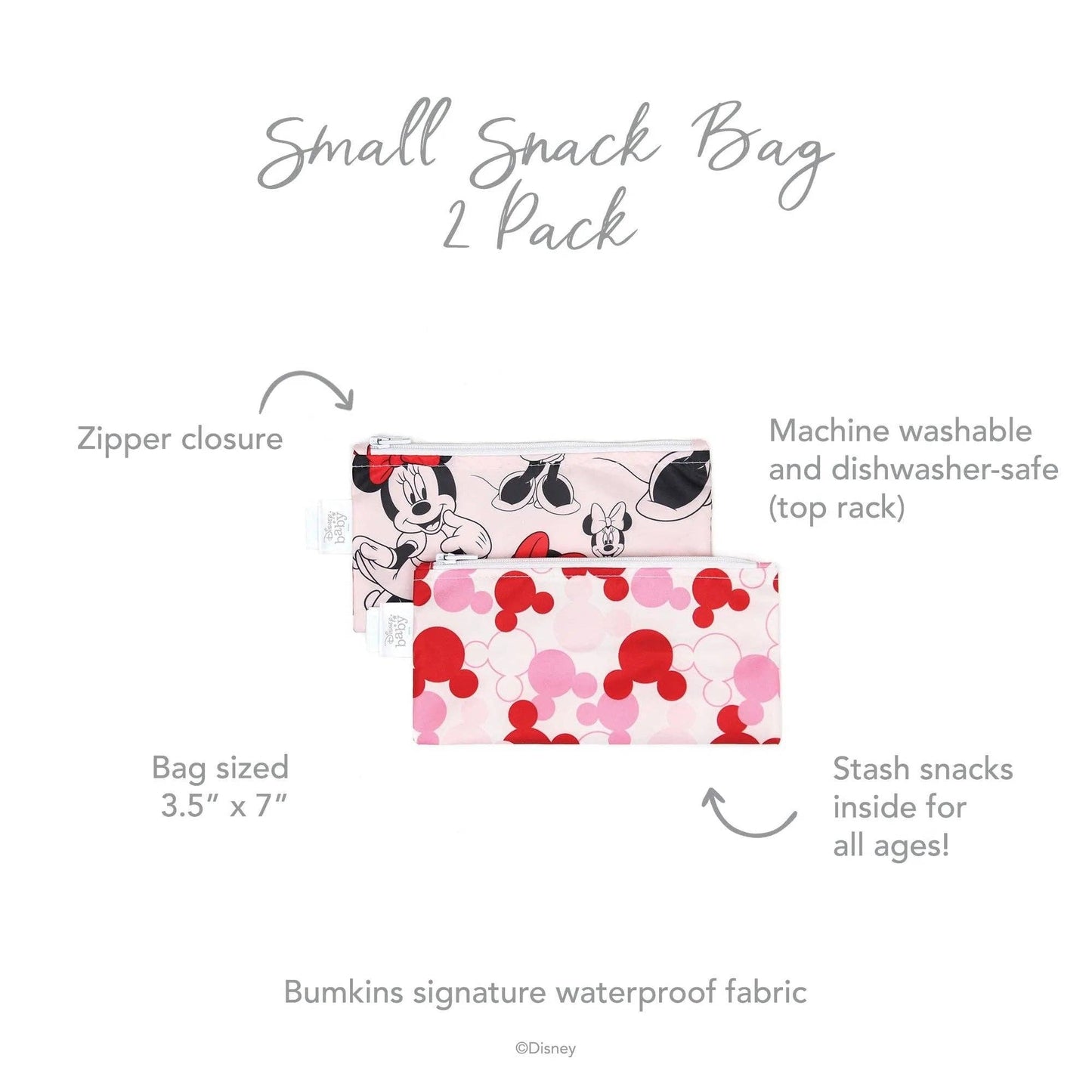 Bumkins Reusable Snack Bag, Small 2-Pack: Minnie Mouse