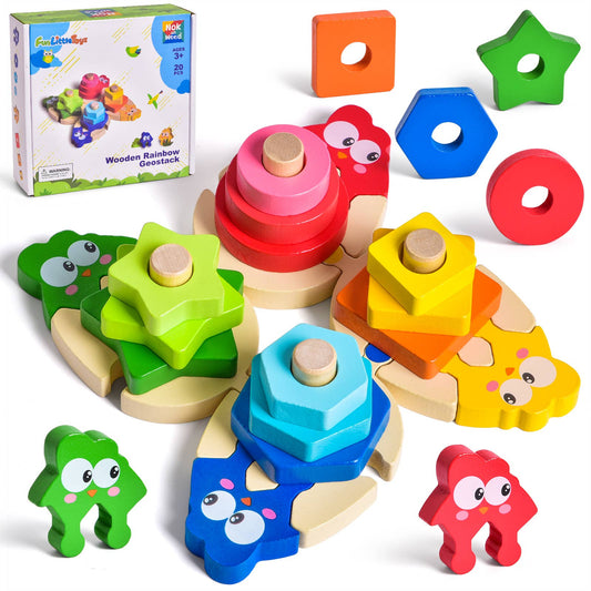 Fun Little Toys Montessori Wood Stacking Blocks, Learn & Sort Colors